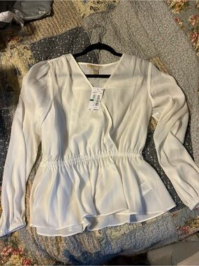 NWT MICHAEL KORS SHIRT White V-Neck Peplum Blouse by A New Day